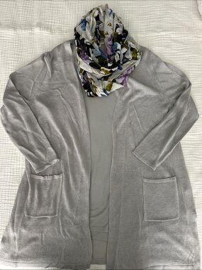 J. Jill Light Gray Sleeveless top, open linen blend Cardigan and Floral Scarf